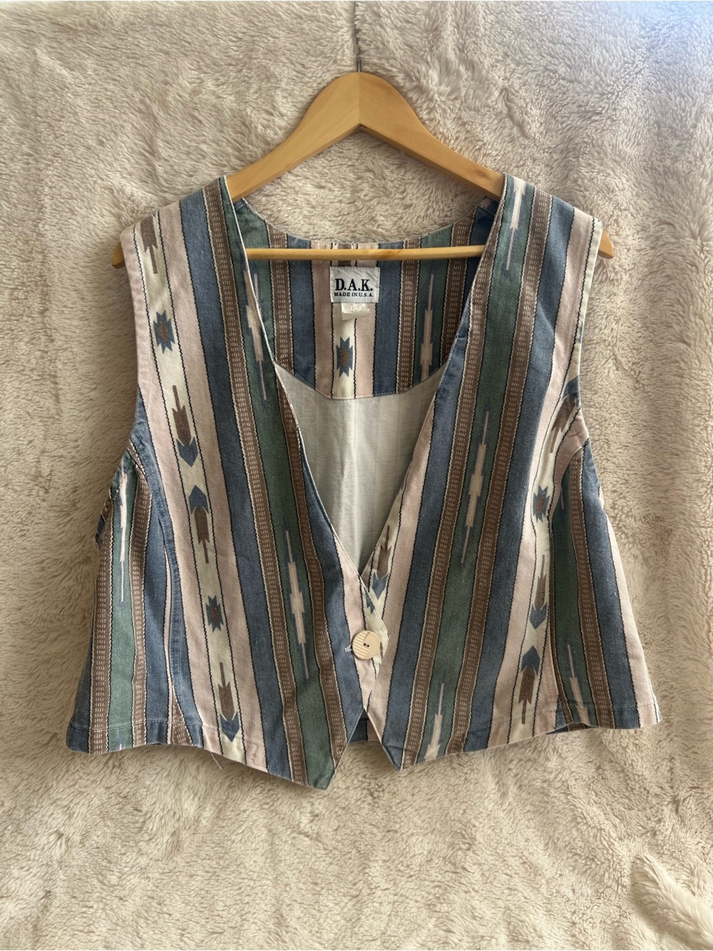 D.A.K. Vintage Striped Southwestern 100% Cotton Vest in Blue & Green - Size 2X